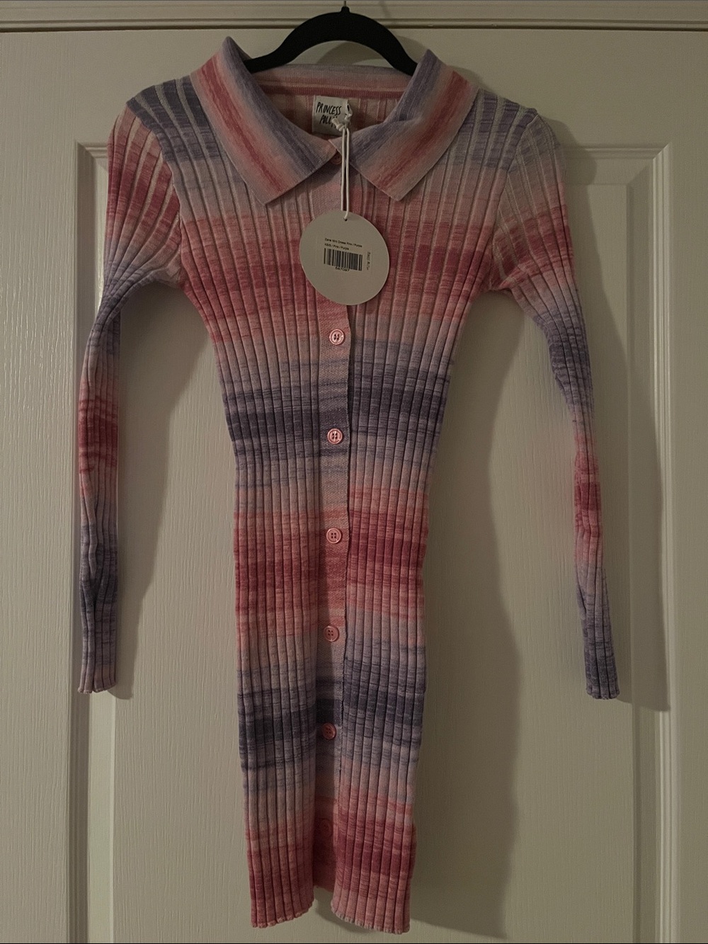 Princess Polly Zana Mini Dress. Pink & Purple Ribbed, Long Sleeve with Buttons